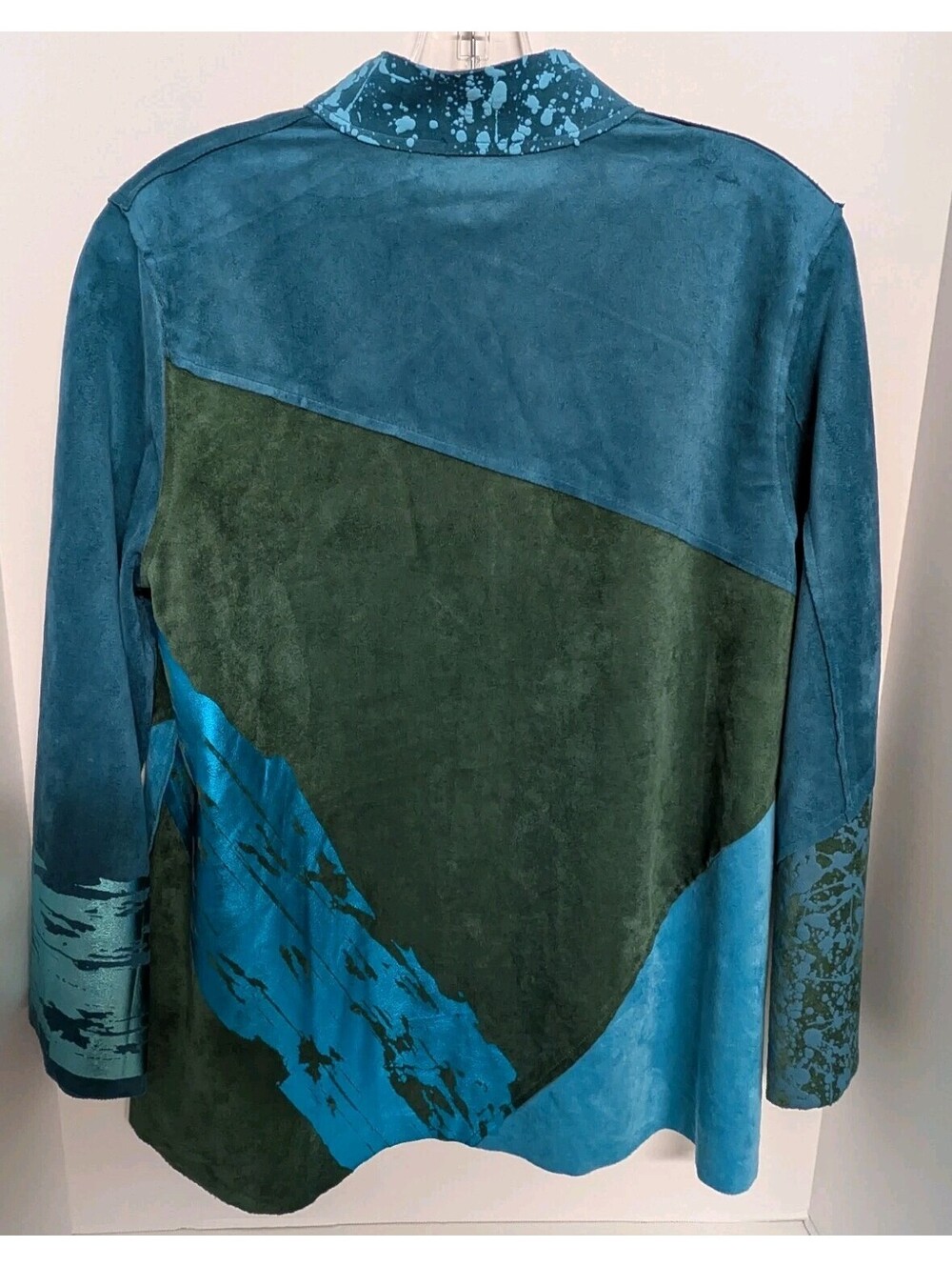 Lemon Grass Women's Teal/Blue Patchwork Jacket Mixed Media Metallic Design Small View 6